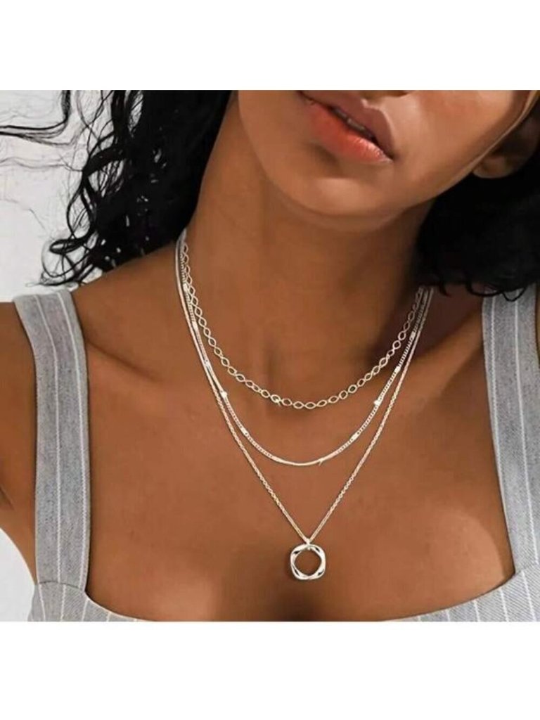 Sterling Silver 925 Layered Chain Necklace With Circle Pendant